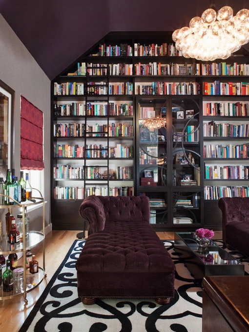 Dark-Bookcase-and-Purple-Sofa-in-Eclectic-Living-Room