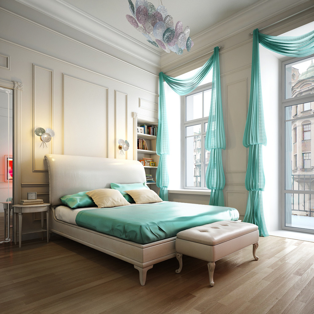Fashionable Bedroom With Green Curtains And Bed Cover