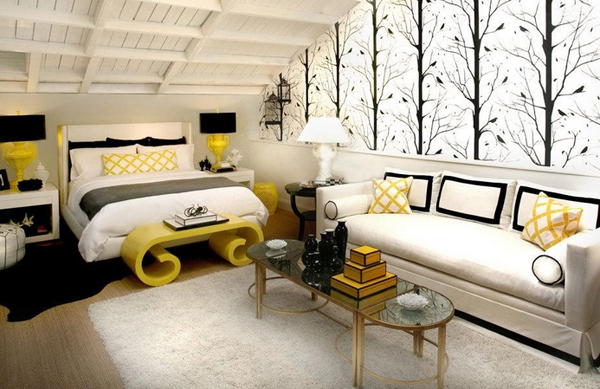 tree-wallpaper-in-fabulous-black-and-yellow-bedroom-idea-feat-unusual-bench-plus-oval-glass-coffee-table-design