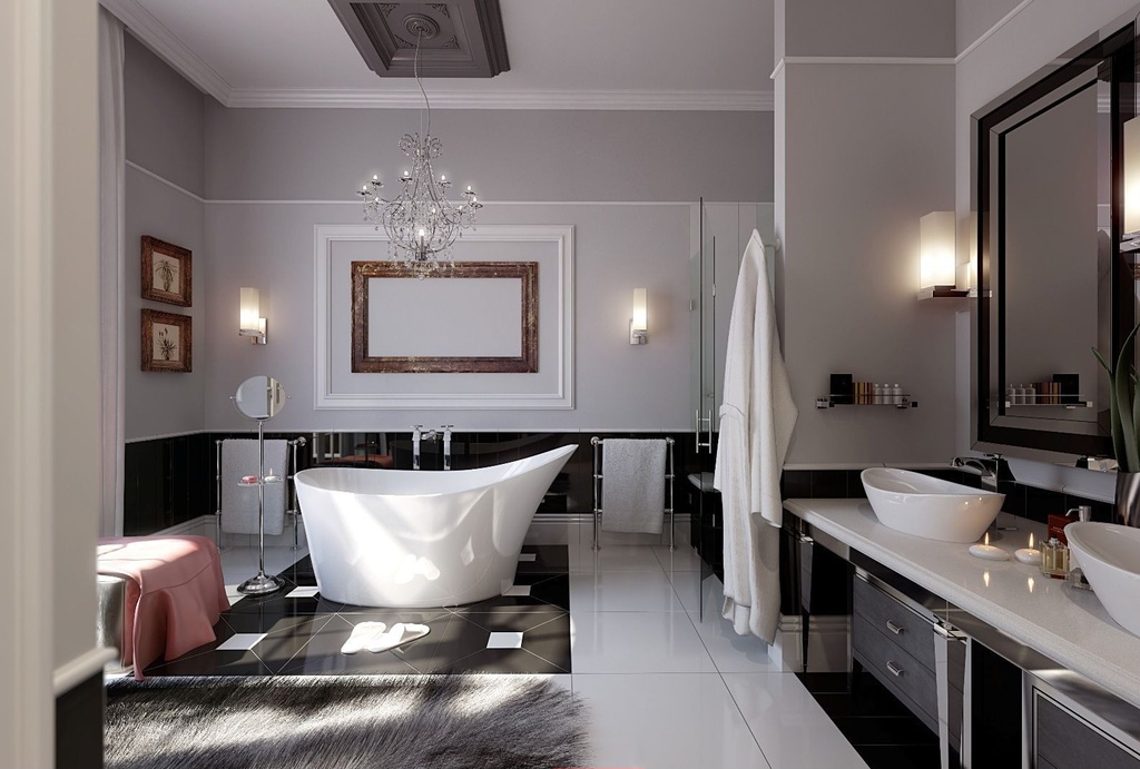 Art Deco Master Bathroom with Wall sconce & Chandelier