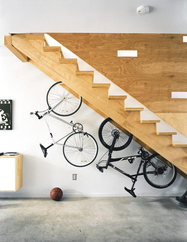 Built-in bicycle racks in a staircase