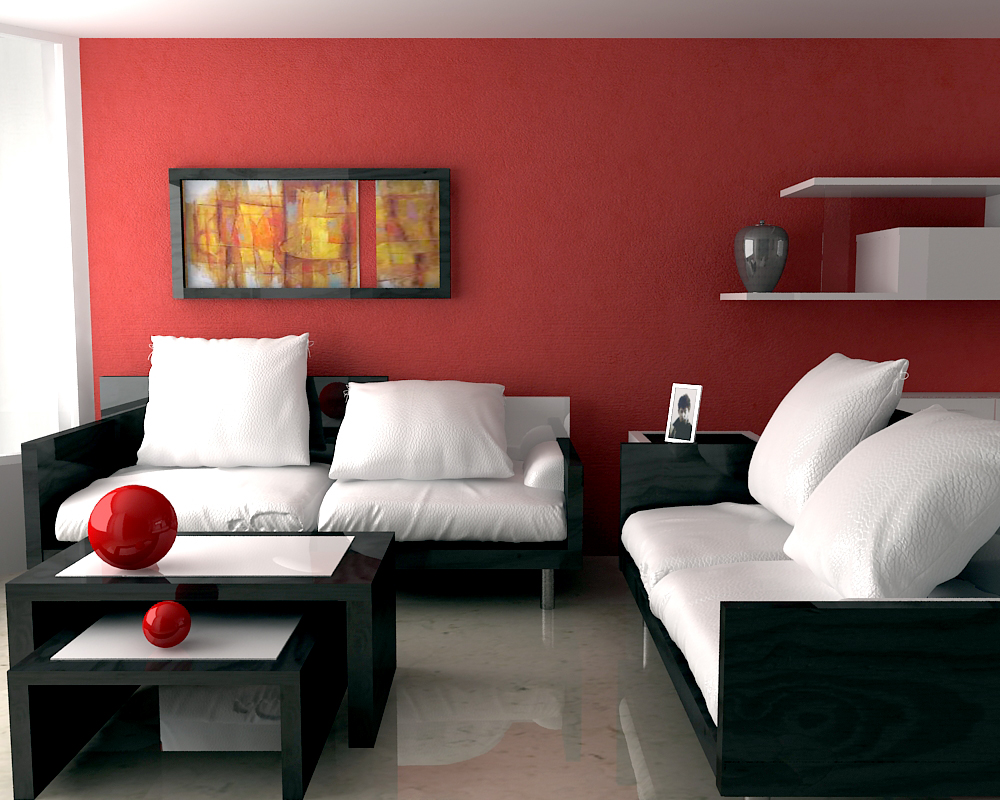 Modern Living Room Red White Interior