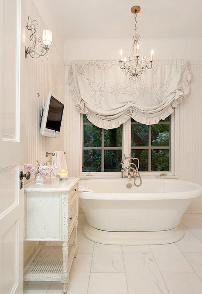 Shabby chic bathroom with beautiful chandelier