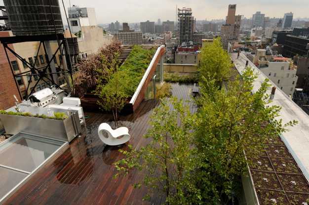 Sloped green roof and rooftop garden design