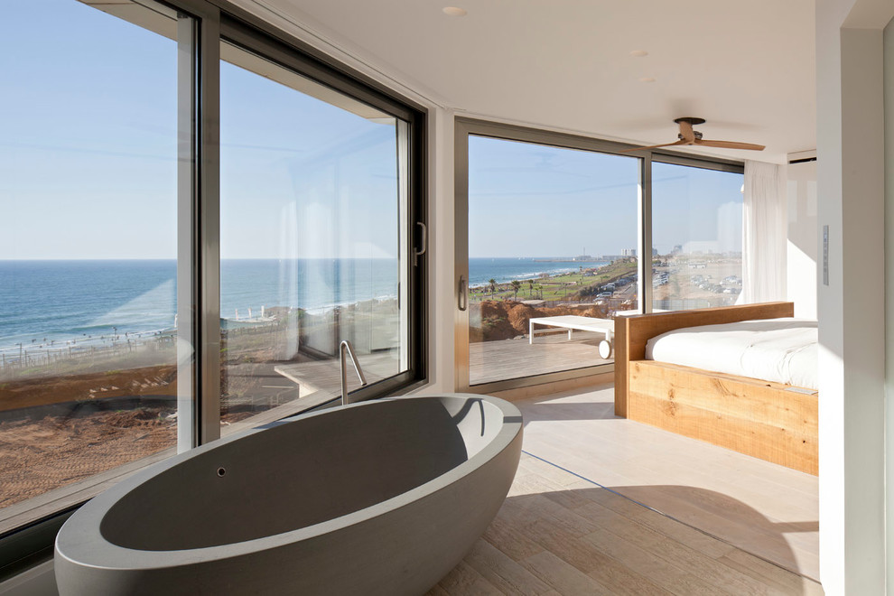 open-master-bathroom-Bedroom-Modern-with-beach-ceiling-fan-concrete