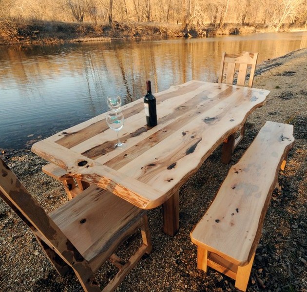 Furniture Unique Outdoor Dining Set Idea With Light Brown Wooden Dining Table With Black Bottle Plus