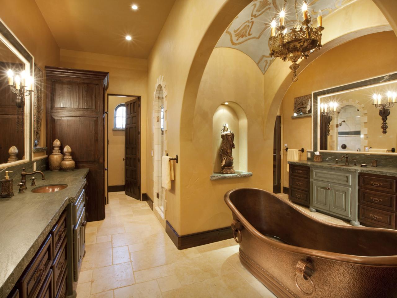 Gold Master Bathroom With Copper Slipper Tub
