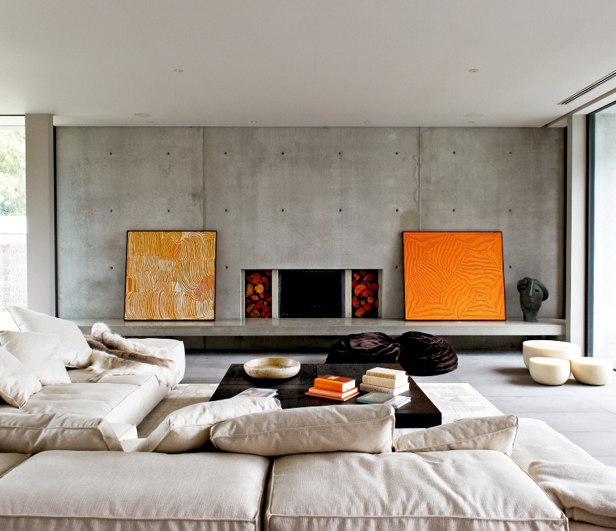 Modern interior design colors plan in black and gray color tones with orange accents