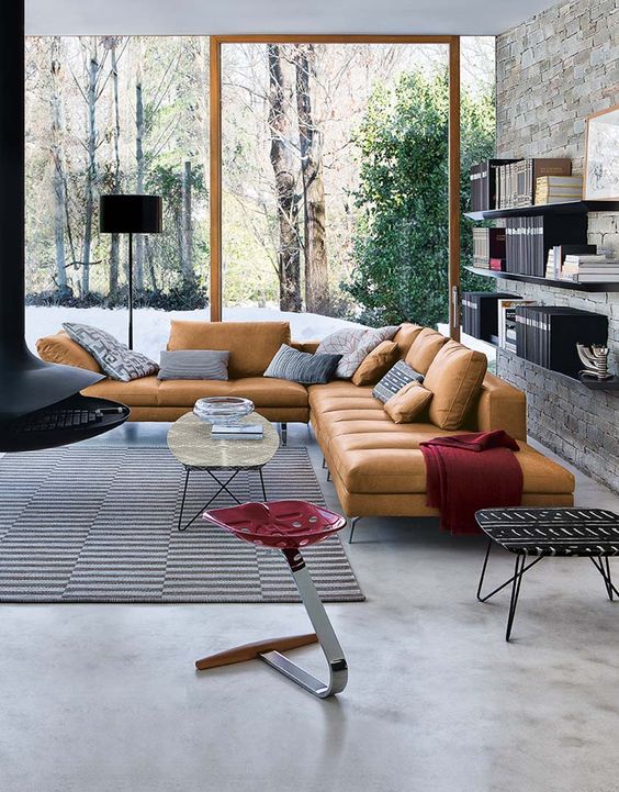 Modern leather sofa in tobacco color