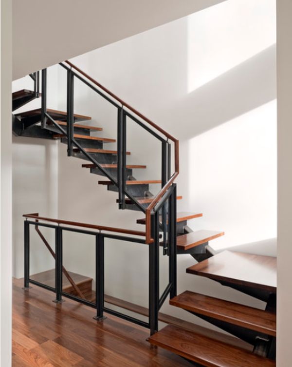 Modern steel railings and wooden steps