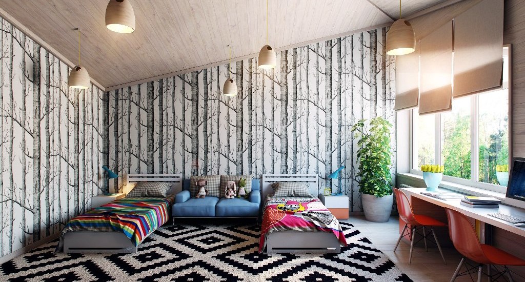 black-white-kids-bedroom-interior-design-decorating-ideas-with-tree-wallpaper