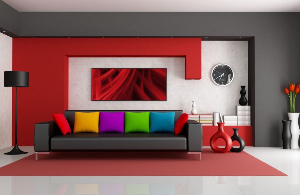 Multicolored couch with stylish and colorful cushion bring this living room energetic and cool feeling.