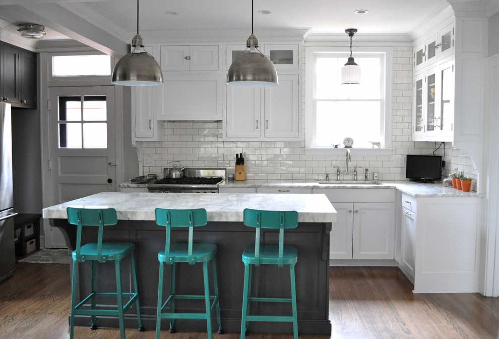 Eclectic Kitchen Design with island and turquoise color chairs
