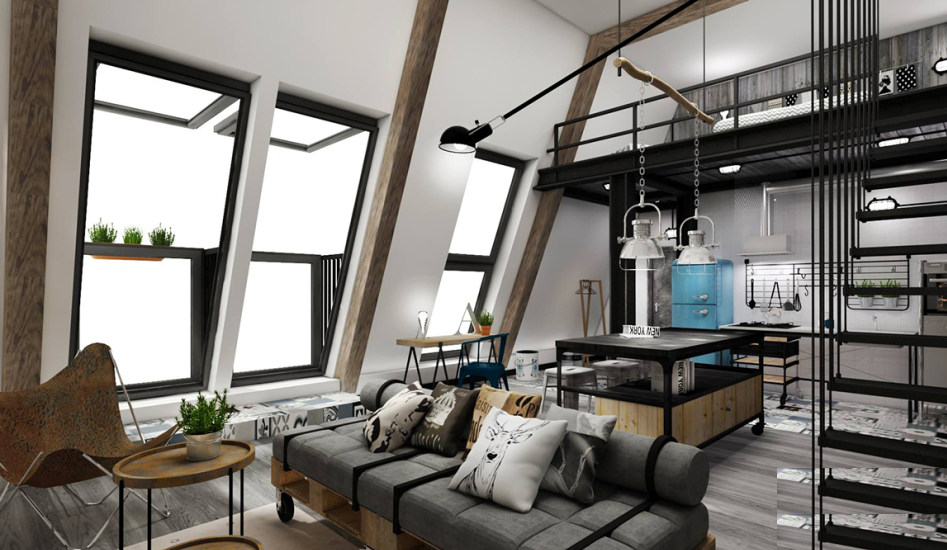 Industrial loft bedroom design
