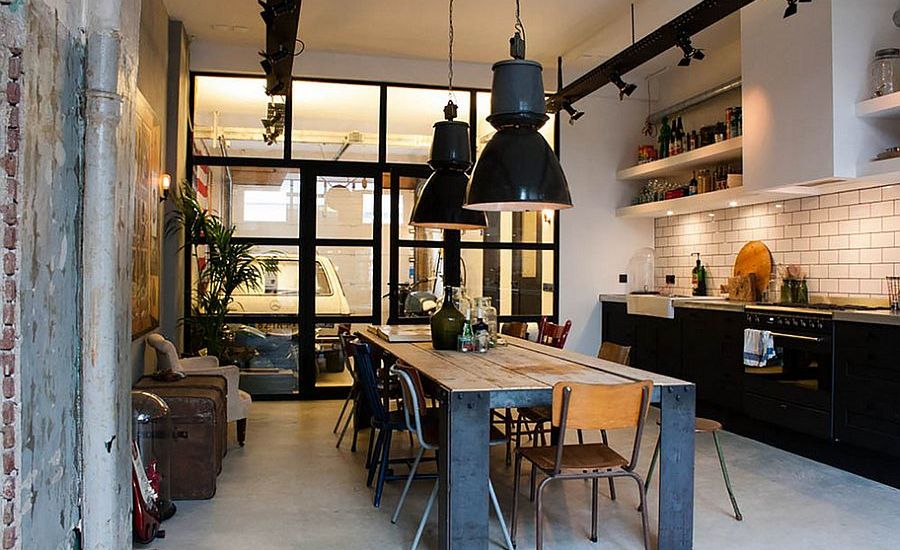 Simple-and-spacious-industrial-kitchen-design-with-black-pendants