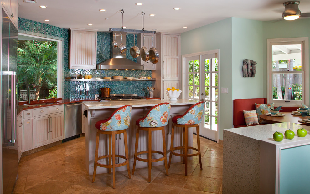 Tropical Kitchen Decorating ideas with breakfast nook counter stools french doors