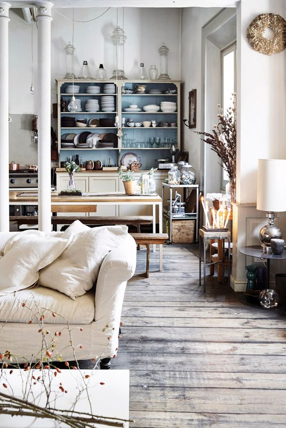 rustic wood floors and eclectic furnishings