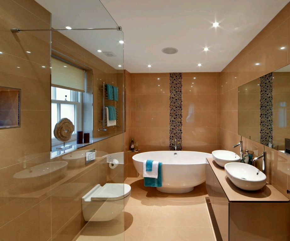Australian Luxury bathroom with brown tiles and hardwood floor