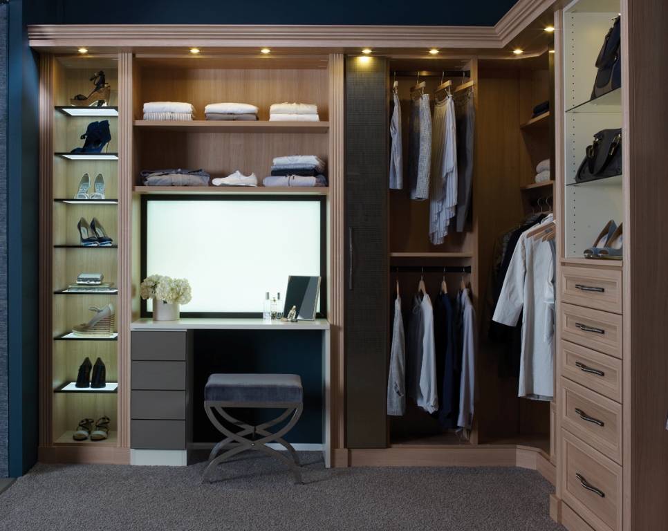 Closets With Brown Minimalist Cabinet Featuring Gray Carpet With Contemporary Chair