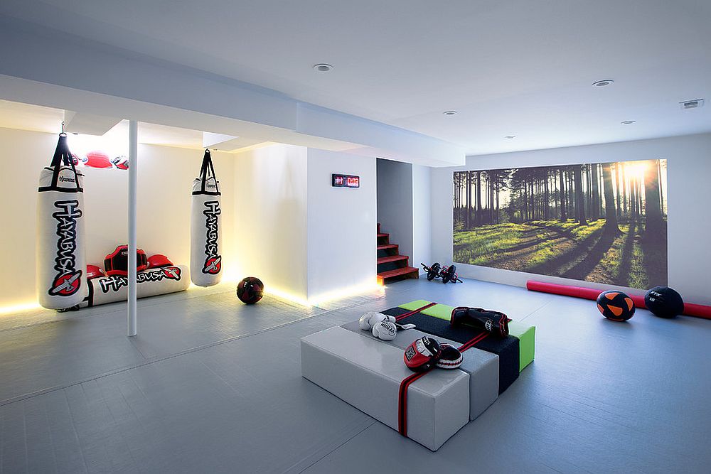 Contemporary basement workout zone looks simply stunning