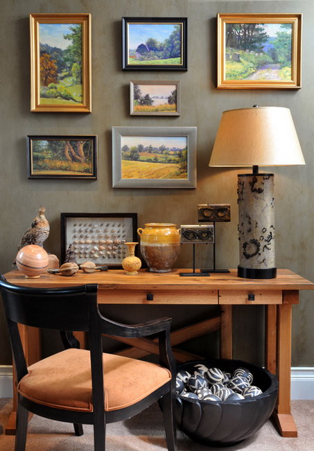 Eclectic Home Office Design Ideas with Beautiful Scenery Wall Art Pictures and Wood Table