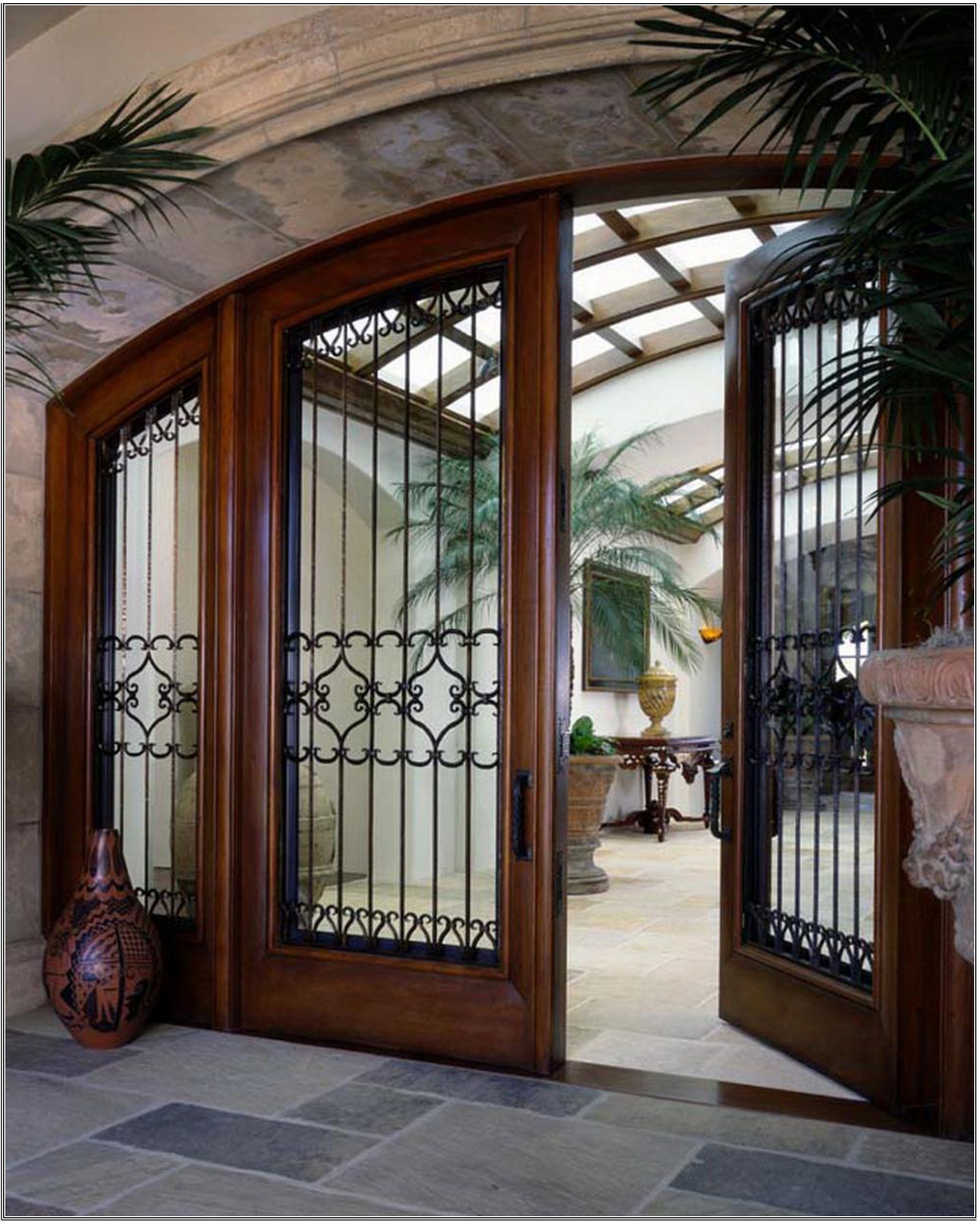 Entry Doors Design Ideas With Wide Curtain Window And Nice Iron Carving Modern Entry Doors