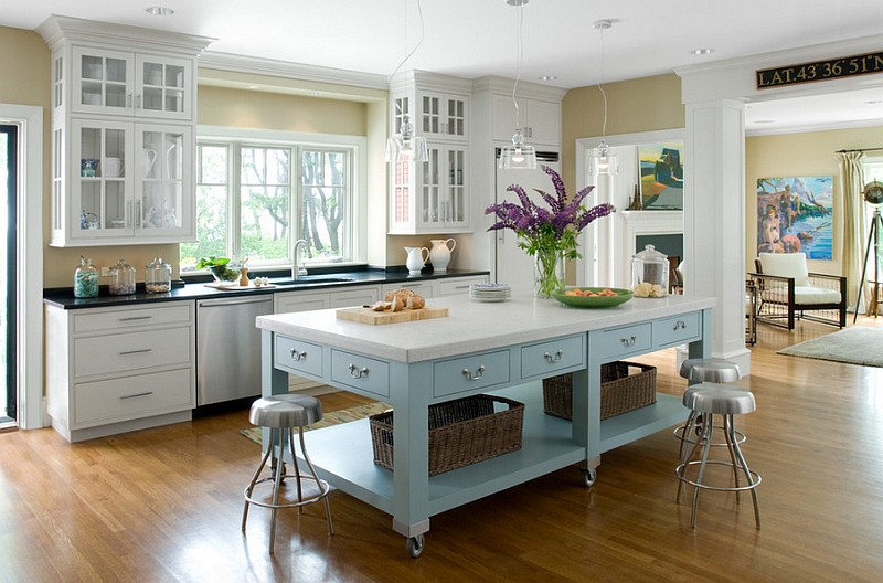 Exquisite-kitchen-island-on-casters-in-beautiful-blue-and-white-with-ample-storage