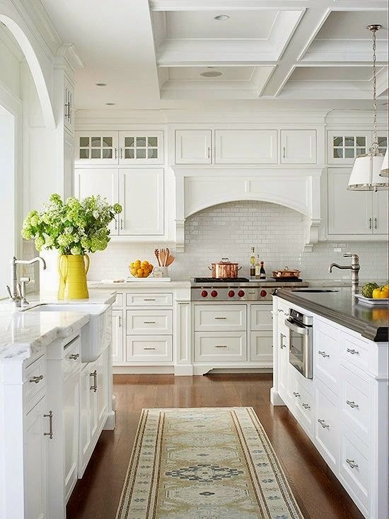 Traditional Kitchen with Subway Tile, Flat panel cabinets, Glass panel, Pendant light,