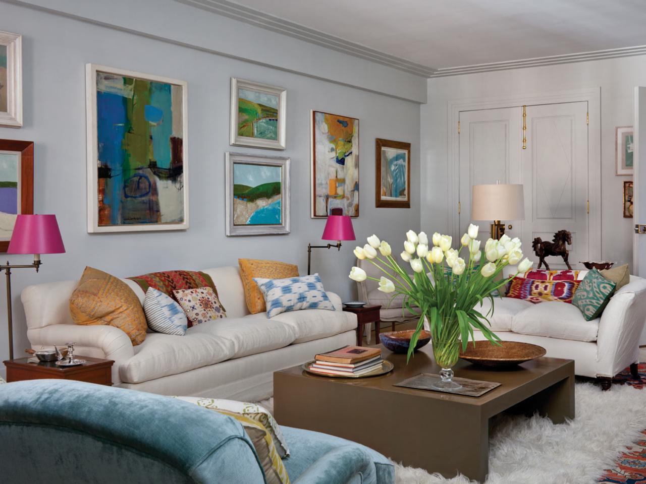 White Eclectic Living Room With Colorful Accent Pillows