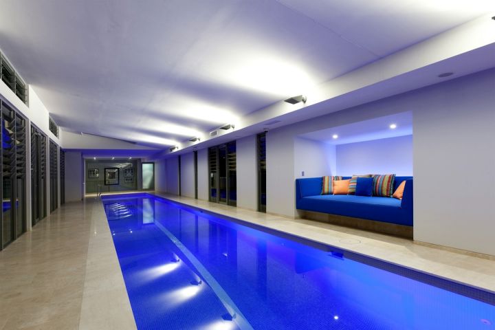 modern basement indoor lap pool
