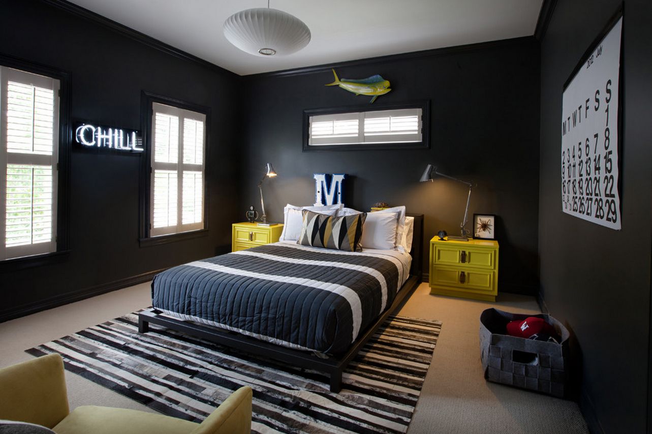 Mesmerizing Black Cool Bedroom Ideas For Guys With Yellow Wooden ...