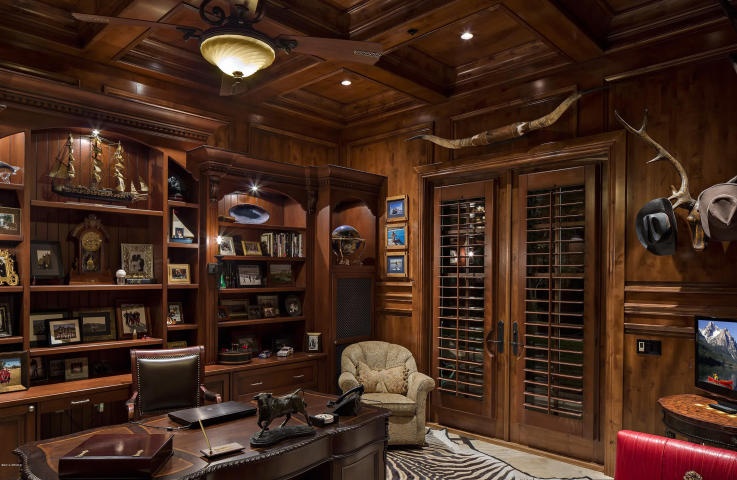 Traditional Home Office with Hardwood floors, Box ceiling