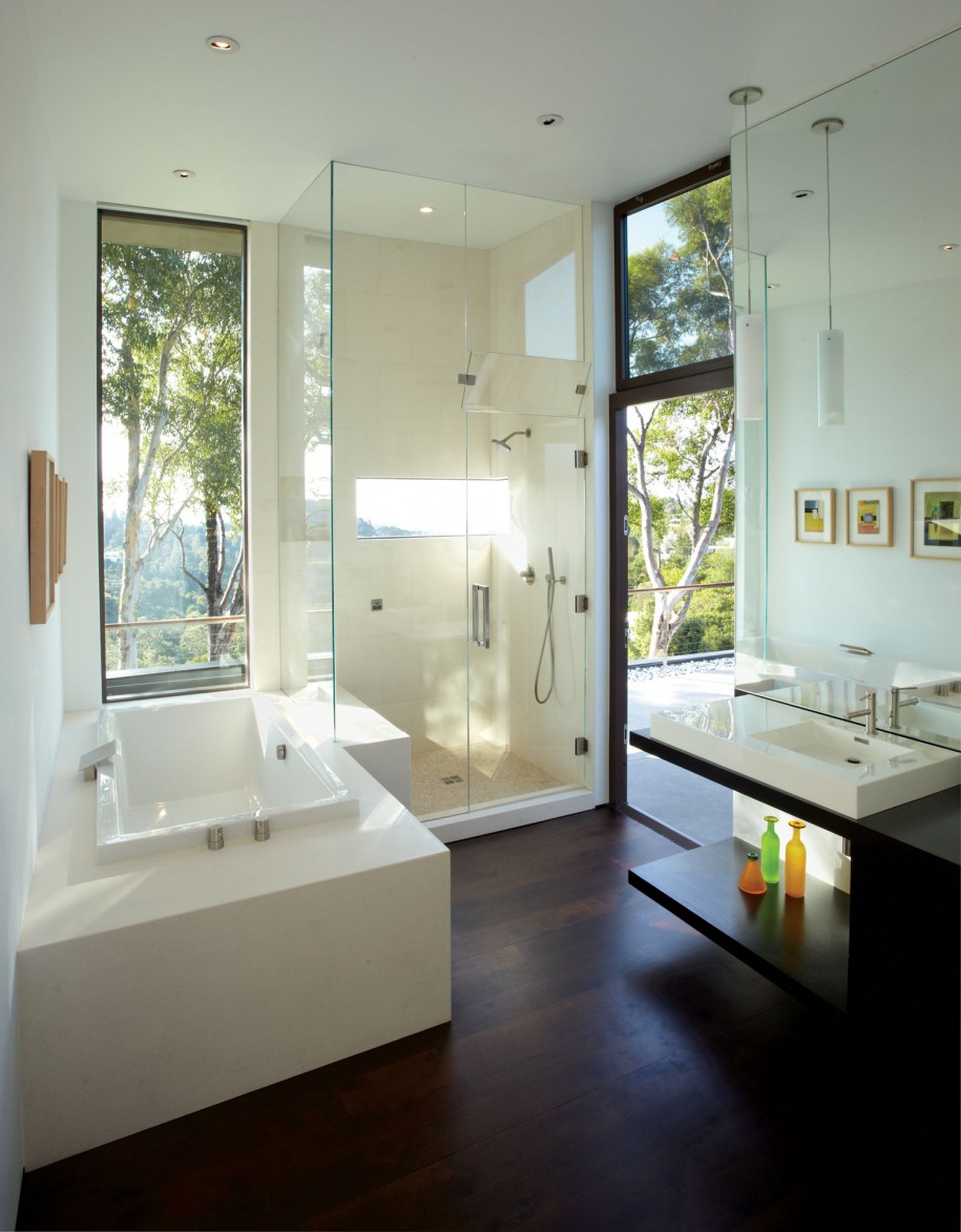 Modern Bathroom Glass Shower With Hardwood Flooring