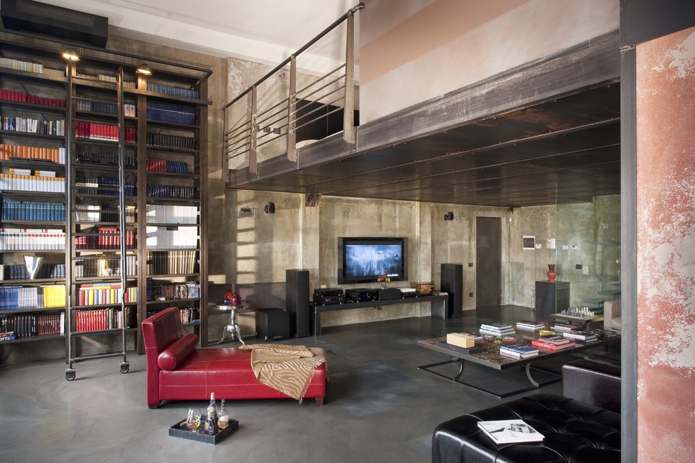 Large Industrial Living Room With Library Dwellingdecor