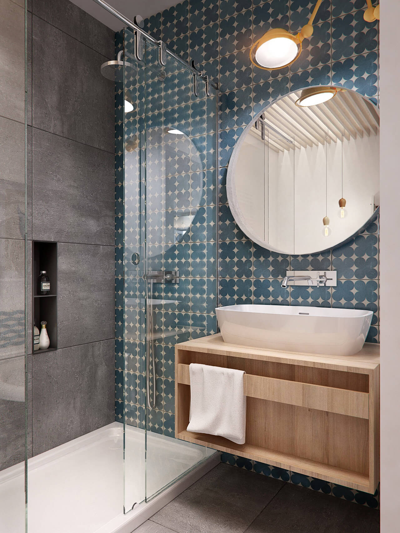 Small Bathroom with walk in Shower & Patterned Wallpaper