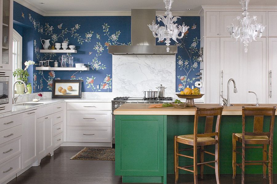 Eclectic Kitchen With Buther Block Wallpapered Wall Dwellingdecor