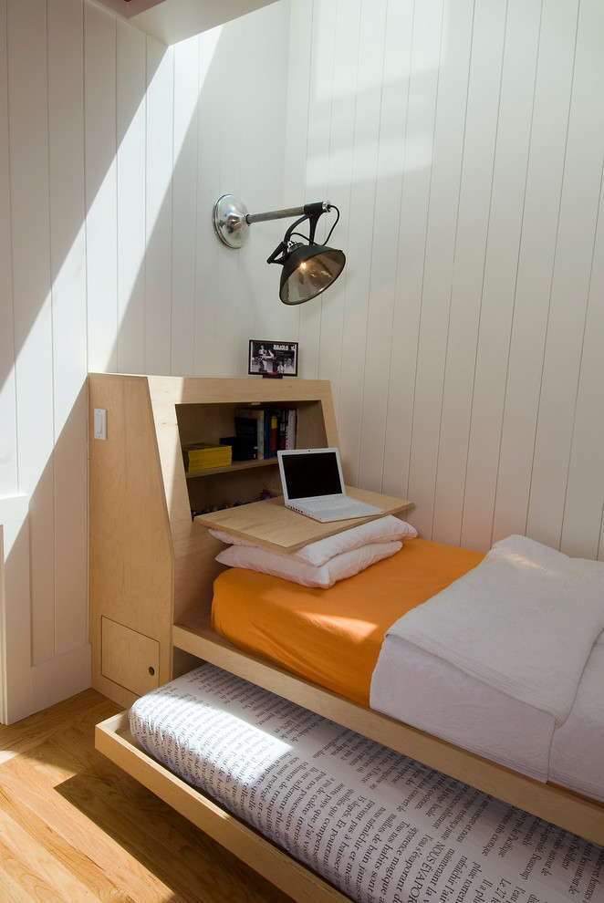 Scandinavian Guest Bedroom With Space Saving Wooden Bed