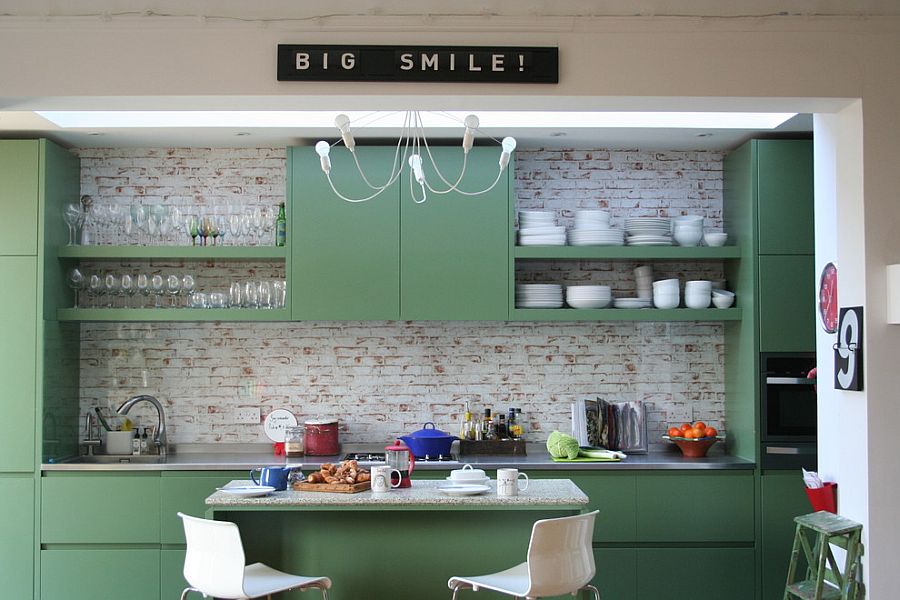 Small Eclectic Kitchen With Painted cabinets in Fired Earth Zangar Green
