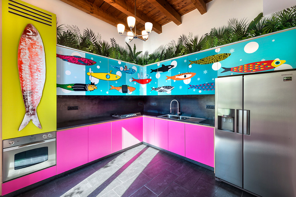 Unique Colorful Eclectic Kitchen With Fish Theme Cabinets Dwellingdecor