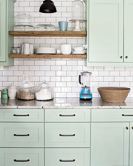 Cool Mint Kitchen Cabinets With Wooden Shelves dwellingdecor