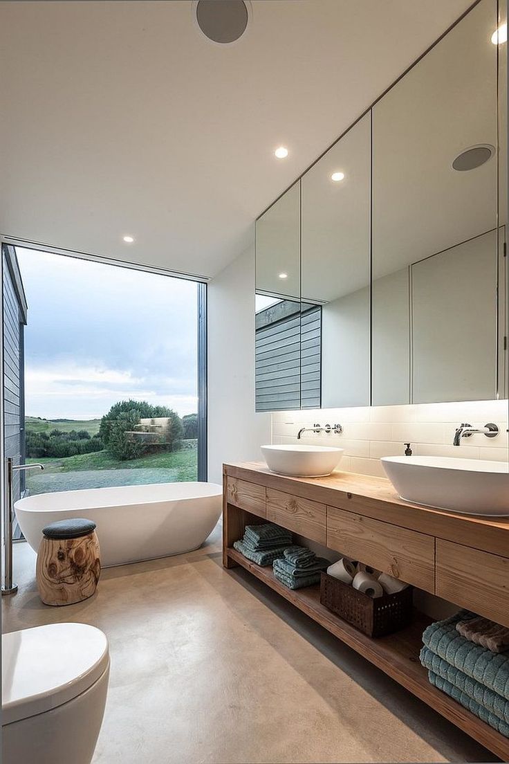 Grey modern bathroom with Bathtub & Urban Vanity dwellingdecor