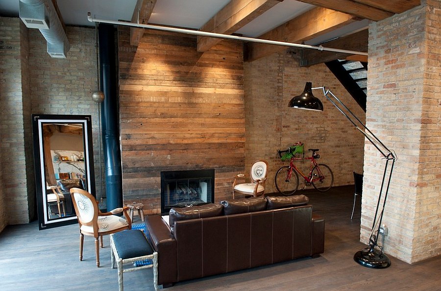 Living room with wood panels exposed brick walls dwellingdecor