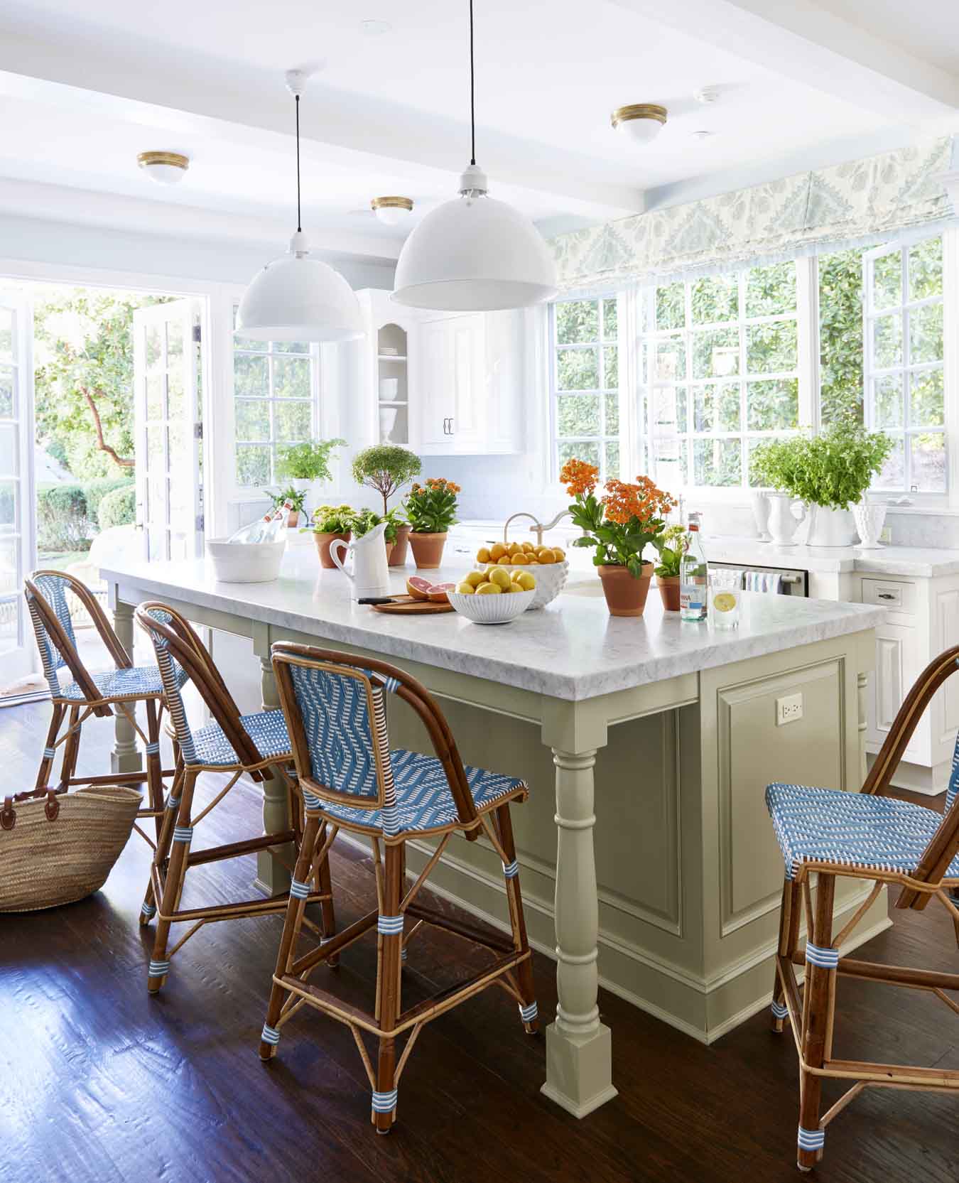 Marble Countertop Island With French Bistro Stools dwellingdecor
