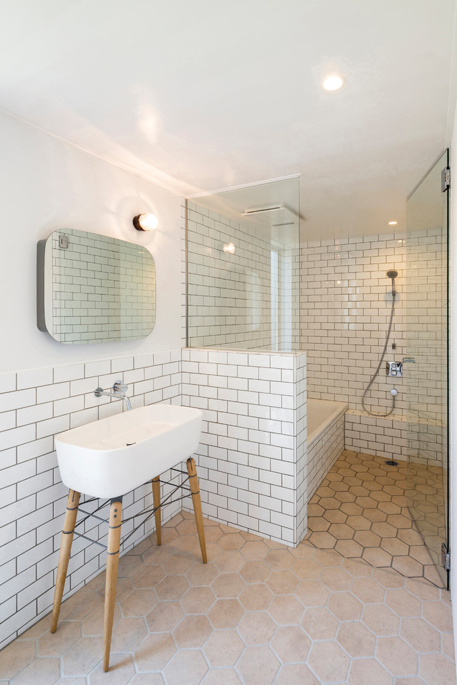 Scandinavian Bathroom With Subway Tiles & Drop in Bathtub dwellingdecor