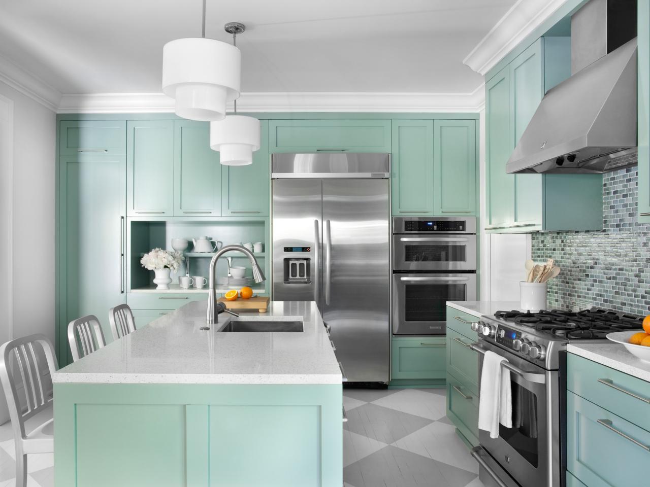 White Countertops With Turquoise Green Cabinets dwellingdecor