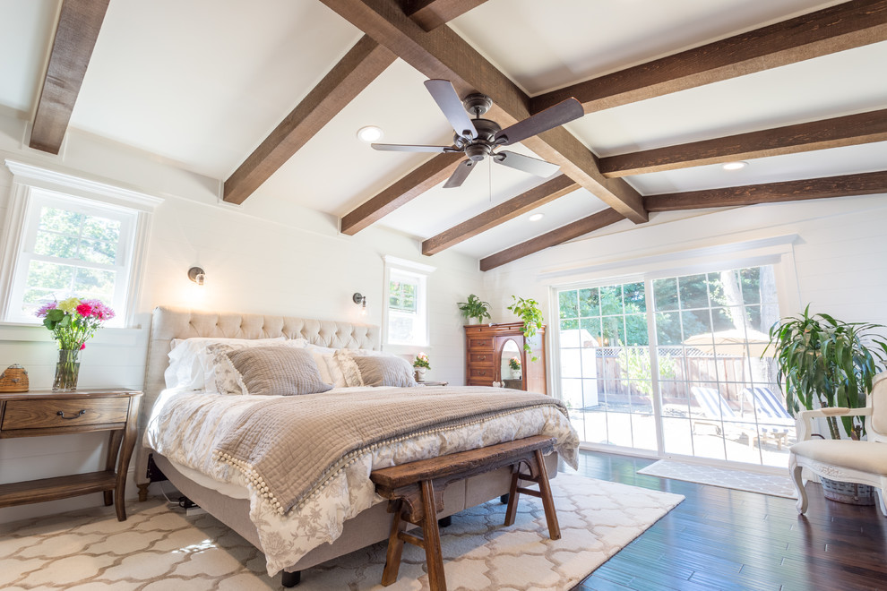 Farmhouse Bedroom Design With Wooden Beam & Large window