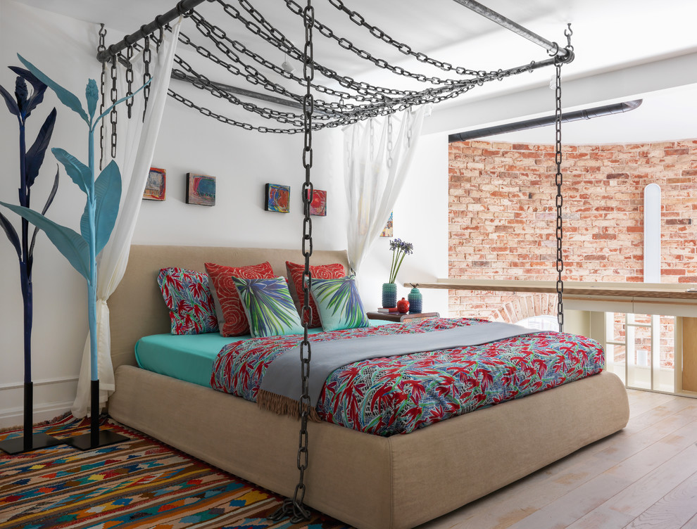 Small Eclectic Loft-style Painted Beige Floor Bedroom Dwellingdecor