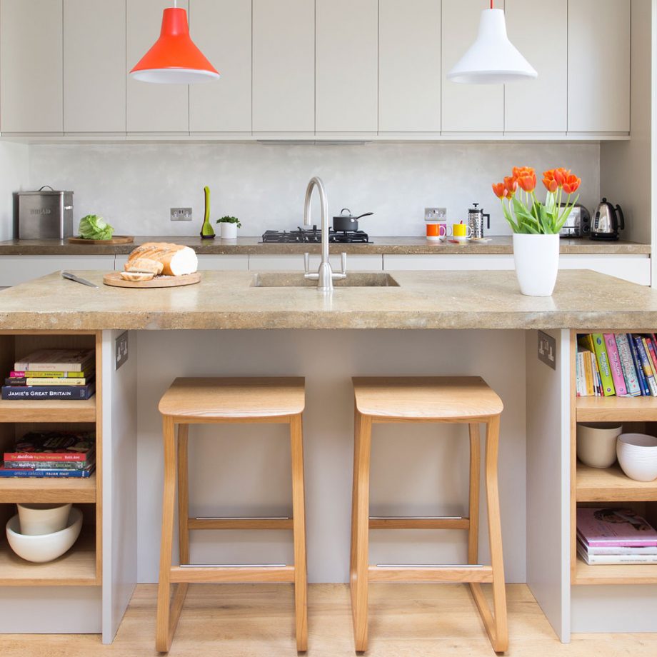 Neutral Modern Kitchen With Curved Top Oak Stool Dwellingdecor