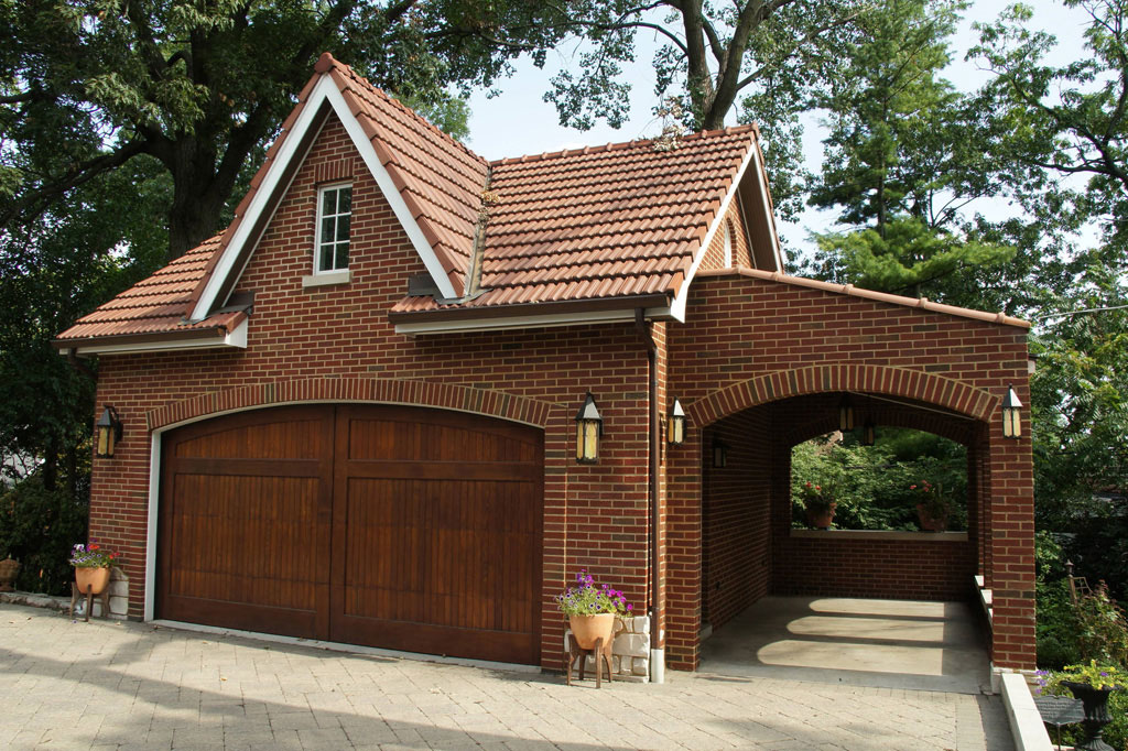 Brick Garage Design With Solid Wooden Doors Dwellingdecor