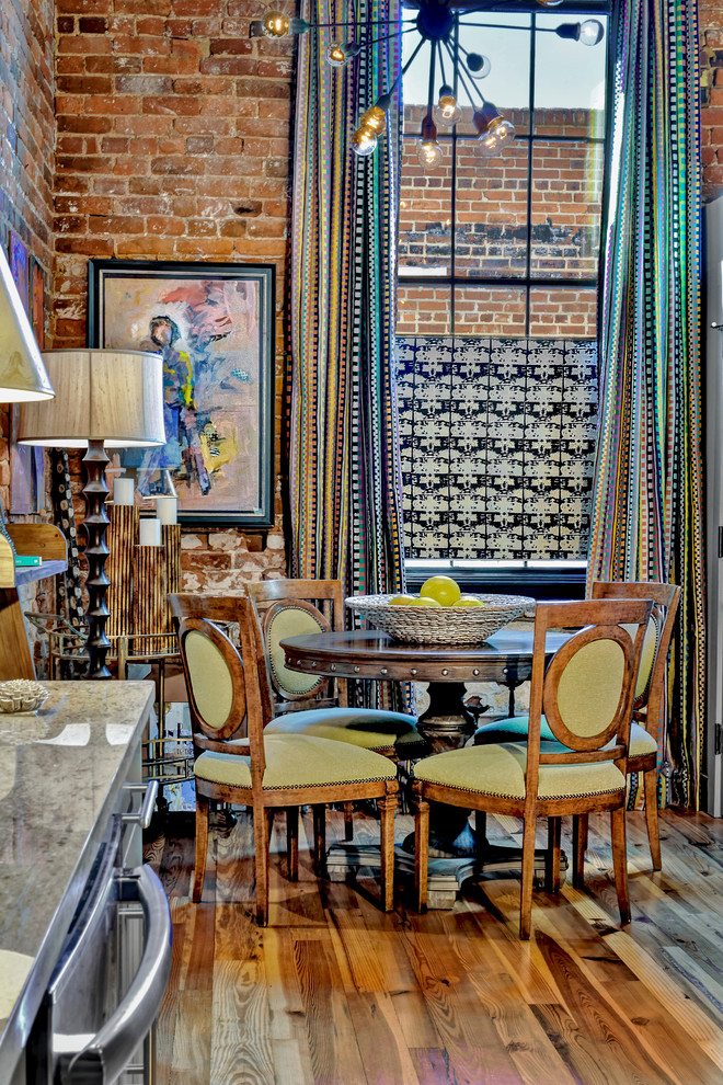 Industrial Midtone Dining Room With Stunning Huge Curtains